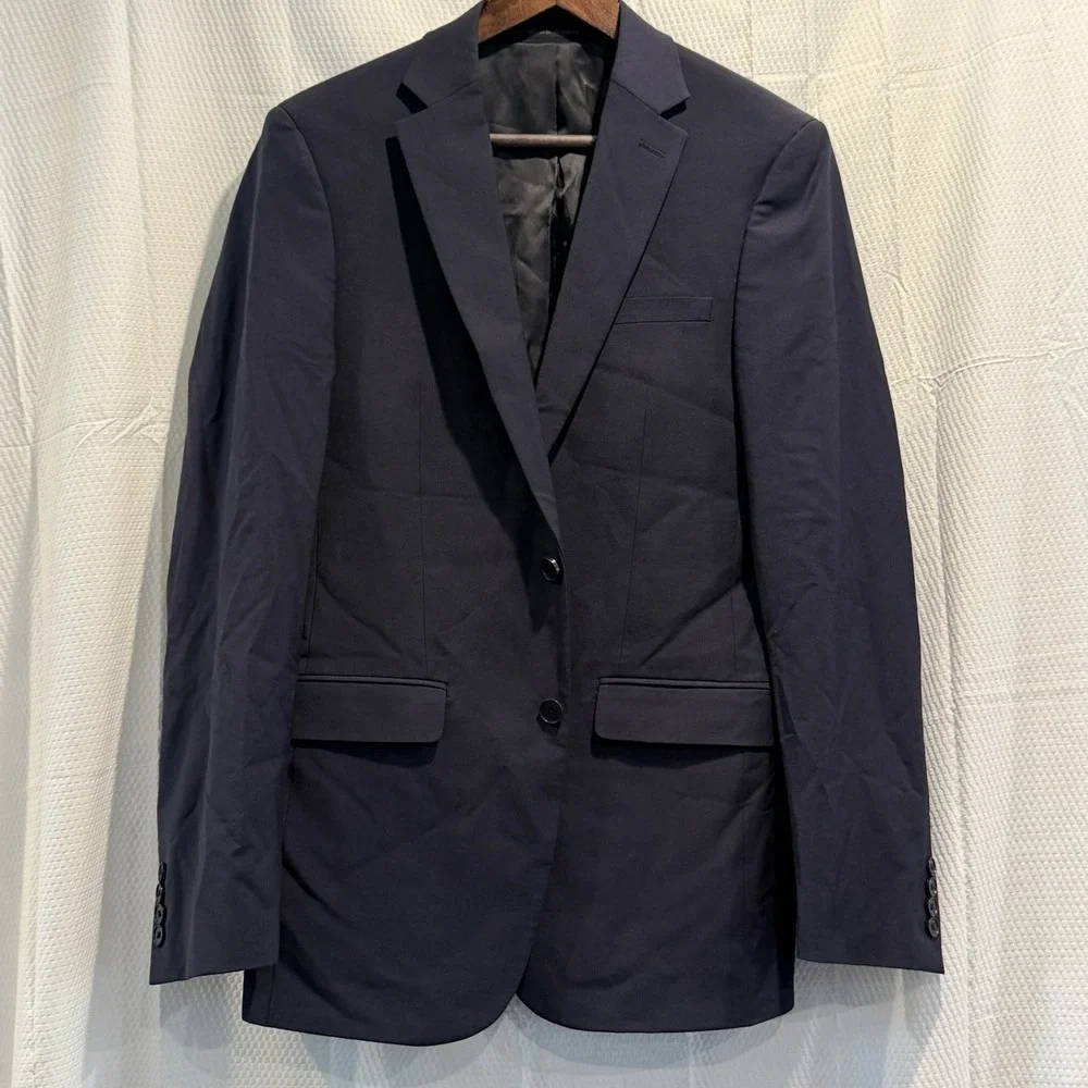 Calvin Klein Mens Slim Fit Wool Suit Jacket Blazer 38 L Navy Blue Solid Stretch